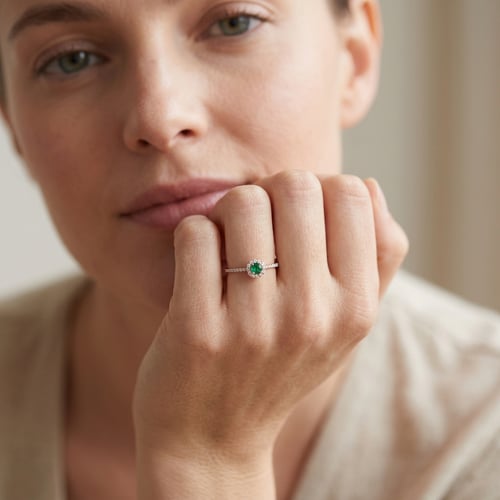 Stříbrný halo prsten se smaragdem a lab-grown diamanty Louisa