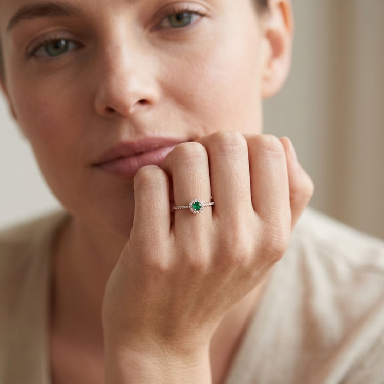 Stříbrný halo prsten se smaragdem a lab-grown diamanty Lys 171001