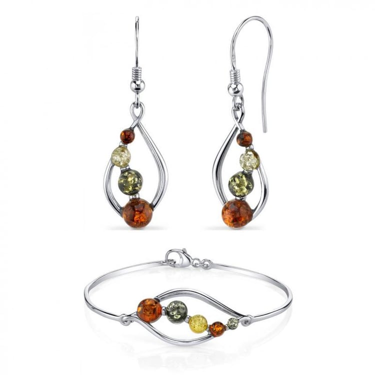 Stříbrný náramek a náušnice s jantary Kaina