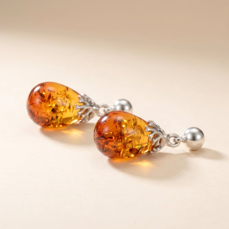 Stříbrné visací náušnice s jantarem Dana 166745