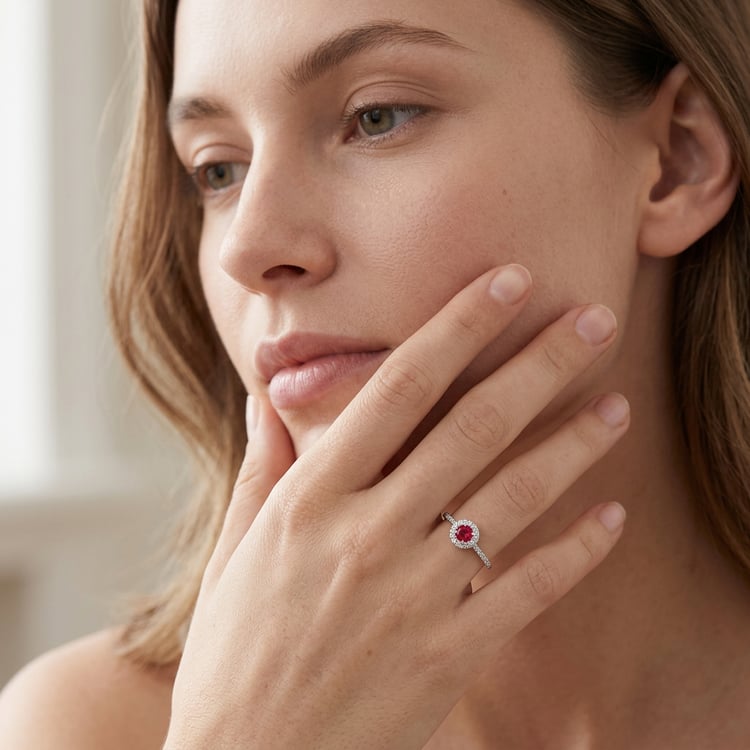 Stříbrný halo prsten s rubínem a lab-grown diamanty Wendy 170955
