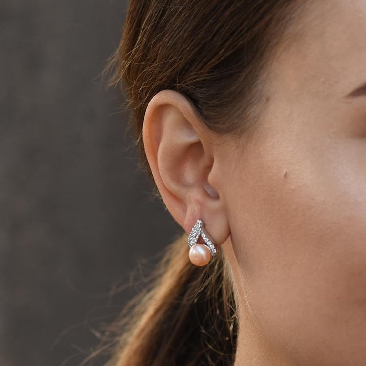 Stříbrné náušnice s broskvovými perlami a zirkony 49307