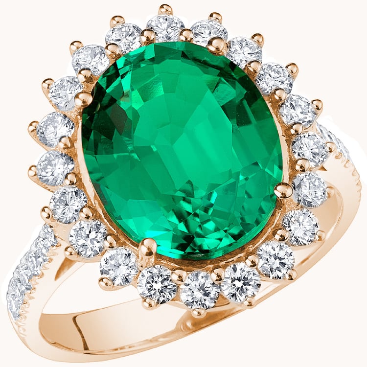 Zlatý halo prsten s oválným lab-grown smaragdem a diamanty Logan 138736