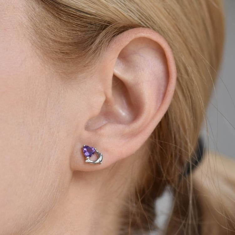 Stříbrné náušnice se srdíčkovými ametysty a delfíny Jair 20447
