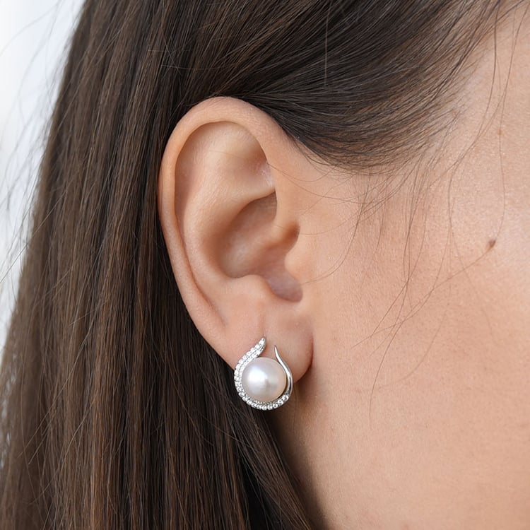 Stříbrné náušnice s perlou a zirkony 78122