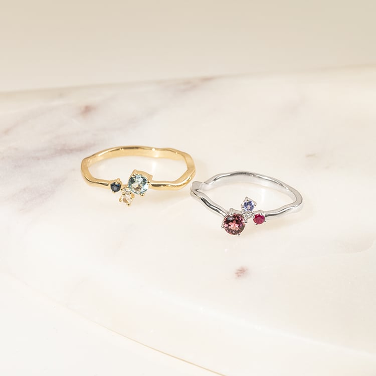 Stříbrný cluster prsten s turmalínem, tanzanitem, rubínem a diamantem Roche 141561