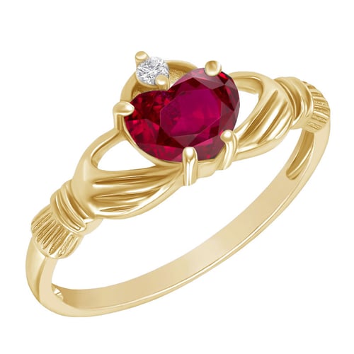 Zlatý claddagh prsten s rubínem a diamantem Norie